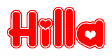The image is a clipart featuring the word Hilla written in a stylized font with a heart shape replacing inserted into the center of each letter. The color scheme of the text and hearts is red with a light outline.