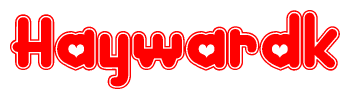 The image is a clipart featuring the word Haywardk written in a stylized font with a heart shape replacing inserted into the center of each letter. The color scheme of the text and hearts is red with a light outline.