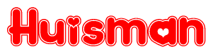 The image is a clipart featuring the word Huisman written in a stylized font with a heart shape replacing inserted into the center of each letter. The color scheme of the text and hearts is red with a light outline.