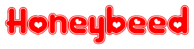 The image is a clipart featuring the word Honeybeed written in a stylized font with a heart shape replacing inserted into the center of each letter. The color scheme of the text and hearts is red with a light outline.