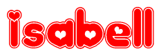 The image is a red and white graphic with the word Isabell written in a decorative script. Each letter in  is contained within its own outlined bubble-like shape. Inside each letter, there is a white heart symbol.