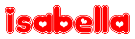 The image is a red and white graphic with the word Isabella written in a decorative script. Each letter in  is contained within its own outlined bubble-like shape. Inside each letter, there is a white heart symbol.