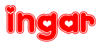 The image is a red and white graphic with the word Ingar written in a decorative script. Each letter in  is contained within its own outlined bubble-like shape. Inside each letter, there is a white heart symbol.