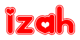 The image is a clipart featuring the word Izah written in a stylized font with a heart shape replacing inserted into the center of each letter. The color scheme of the text and hearts is red with a light outline.