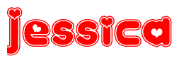 The image is a clipart featuring the word Jessica written in a stylized font with a heart shape replacing inserted into the center of each letter. The color scheme of the text and hearts is red with a light outline.