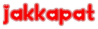 The image is a clipart featuring the word Jakkapat written in a stylized font with a heart shape replacing inserted into the center of each letter. The color scheme of the text and hearts is red with a light outline.