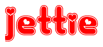 The image is a red and white graphic with the word Jettie written in a decorative script. Each letter in  is contained within its own outlined bubble-like shape. Inside each letter, there is a white heart symbol.
