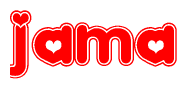 The image is a red and white graphic with the word Jama written in a decorative script. Each letter in  is contained within its own outlined bubble-like shape. Inside each letter, there is a white heart symbol.