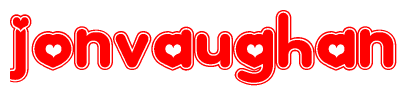 The image is a clipart featuring the word Jonvaughan written in a stylized font with a heart shape replacing inserted into the center of each letter. The color scheme of the text and hearts is red with a light outline.