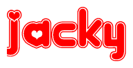 The image is a red and white graphic with the word Jacky written in a decorative script. Each letter in  is contained within its own outlined bubble-like shape. Inside each letter, there is a white heart symbol.