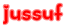 The image is a red and white graphic with the word Jussuf written in a decorative script. Each letter in  is contained within its own outlined bubble-like shape. Inside each letter, there is a white heart symbol.