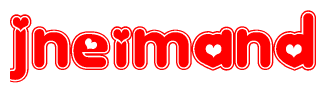 The image is a red and white graphic with the word Jneimand written in a decorative script. Each letter in  is contained within its own outlined bubble-like shape. Inside each letter, there is a white heart symbol.