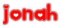 The image is a red and white graphic with the word Jonah written in a decorative script. Each letter in  is contained within its own outlined bubble-like shape. Inside each letter, there is a white heart symbol.