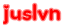 The image is a clipart featuring the word Juslvn written in a stylized font with a heart shape replacing inserted into the center of each letter. The color scheme of the text and hearts is red with a light outline.