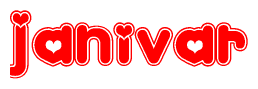 The image displays the word Janivar written in a stylized red font with hearts inside the letters.