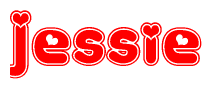 The image is a red and white graphic with the word Jessie written in a decorative script. Each letter in  is contained within its own outlined bubble-like shape. Inside each letter, there is a white heart symbol.