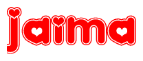 The image displays the word Jaima written in a stylized red font with hearts inside the letters.