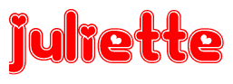 The image is a red and white graphic with the word Juliette written in a decorative script. Each letter in  is contained within its own outlined bubble-like shape. Inside each letter, there is a white heart symbol.