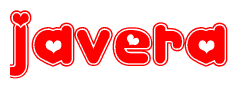 The image is a clipart featuring the word Javera written in a stylized font with a heart shape replacing inserted into the center of each letter. The color scheme of the text and hearts is red with a light outline.