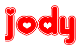 The image is a clipart featuring the word Jody written in a stylized font with a heart shape replacing inserted into the center of each letter. The color scheme of the text and hearts is red with a light outline.