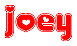 The image is a red and white graphic with the word Joey written in a decorative script. Each letter in  is contained within its own outlined bubble-like shape. Inside each letter, there is a white heart symbol.