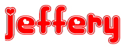 The image is a red and white graphic with the word Jeffery written in a decorative script. Each letter in  is contained within its own outlined bubble-like shape. Inside each letter, there is a white heart symbol.