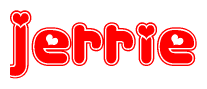 The image is a clipart featuring the word Jerrie written in a stylized font with a heart shape replacing inserted into the center of each letter. The color scheme of the text and hearts is red with a light outline.