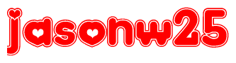 The image is a clipart featuring the word Jasonw25 written in a stylized font with a heart shape replacing inserted into the center of each letter. The color scheme of the text and hearts is red with a light outline.