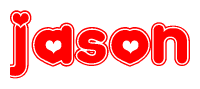 The image is a red and white graphic with the word Jason written in a decorative script. Each letter in  is contained within its own outlined bubble-like shape. Inside each letter, there is a white heart symbol.