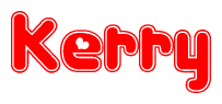 The image is a red and white graphic with the word Kerry written in a decorative script. Each letter in  is contained within its own outlined bubble-like shape. Inside each letter, there is a white heart symbol.