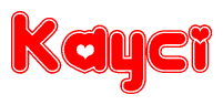   The image is a red and white graphic with the word Kayci written in a decorative script. Each letter in  is contained within its own outlined bubble-like shape. Inside each letter, there is a white heart symbol. 