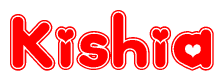 The image is a red and white graphic with the word Kishia written in a decorative script. Each letter in  is contained within its own outlined bubble-like shape. Inside each letter, there is a white heart symbol.