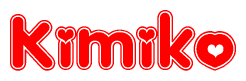 The image is a red and white graphic with the word Kimiko written in a decorative script. Each letter in  is contained within its own outlined bubble-like shape. Inside each letter, there is a white heart symbol.