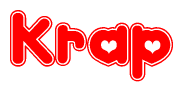 The image is a clipart featuring the word Krap written in a stylized font with a heart shape replacing inserted into the center of each letter. The color scheme of the text and hearts is red with a light outline.