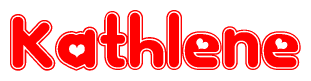 The image is a red and white graphic with the word Kathlene written in a decorative script. Each letter in  is contained within its own outlined bubble-like shape. Inside each letter, there is a white heart symbol.