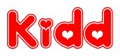 The image displays the word Kidd written in a stylized red font with hearts inside the letters.