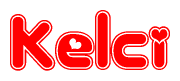 The image is a red and white graphic with the word Kelci written in a decorative script. Each letter in  is contained within its own outlined bubble-like shape. Inside each letter, there is a white heart symbol.