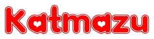 The image is a red and white graphic with the word Katmazu written in a decorative script. Each letter in  is contained within its own outlined bubble-like shape. Inside each letter, there is a white heart symbol.