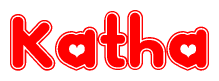 The image is a red and white graphic with the word Katha written in a decorative script. Each letter in  is contained within its own outlined bubble-like shape. Inside each letter, there is a white heart symbol.