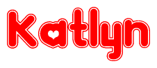 The image is a red and white graphic with the word Katlyn written in a decorative script. Each letter in  is contained within its own outlined bubble-like shape. Inside each letter, there is a white heart symbol.