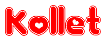 The image is a red and white graphic with the word Kollet written in a decorative script. Each letter in  is contained within its own outlined bubble-like shape. Inside each letter, there is a white heart symbol.