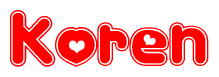 The image is a clipart featuring the word Koren written in a stylized font with a heart shape replacing inserted into the center of each letter. The color scheme of the text and hearts is red with a light outline.