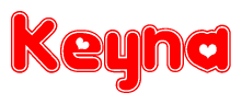 The image is a red and white graphic with the word Keyna written in a decorative script. Each letter in  is contained within its own outlined bubble-like shape. Inside each letter, there is a white heart symbol.