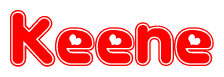 The image is a red and white graphic with the word Keene written in a decorative script. Each letter in  is contained within its own outlined bubble-like shape. Inside each letter, there is a white heart symbol.