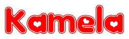 The image is a red and white graphic with the word Kamela written in a decorative script. Each letter in  is contained within its own outlined bubble-like shape. Inside each letter, there is a white heart symbol.
