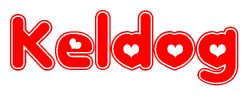 The image displays the word Keldog written in a stylized red font with hearts inside the letters.