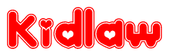 The image is a red and white graphic with the word Kidlaw written in a decorative script. Each letter in  is contained within its own outlined bubble-like shape. Inside each letter, there is a white heart symbol.