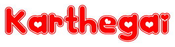 The image displays the word Karthegai written in a stylized red font with hearts inside the letters.
