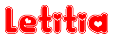 The image is a red and white graphic with the word Letitia written in a decorative script. Each letter in  is contained within its own outlined bubble-like shape. Inside each letter, there is a white heart symbol.