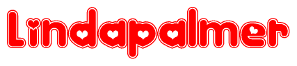The image is a red and white graphic with the word Lindapalmer written in a decorative script. Each letter in  is contained within its own outlined bubble-like shape. Inside each letter, there is a white heart symbol.
